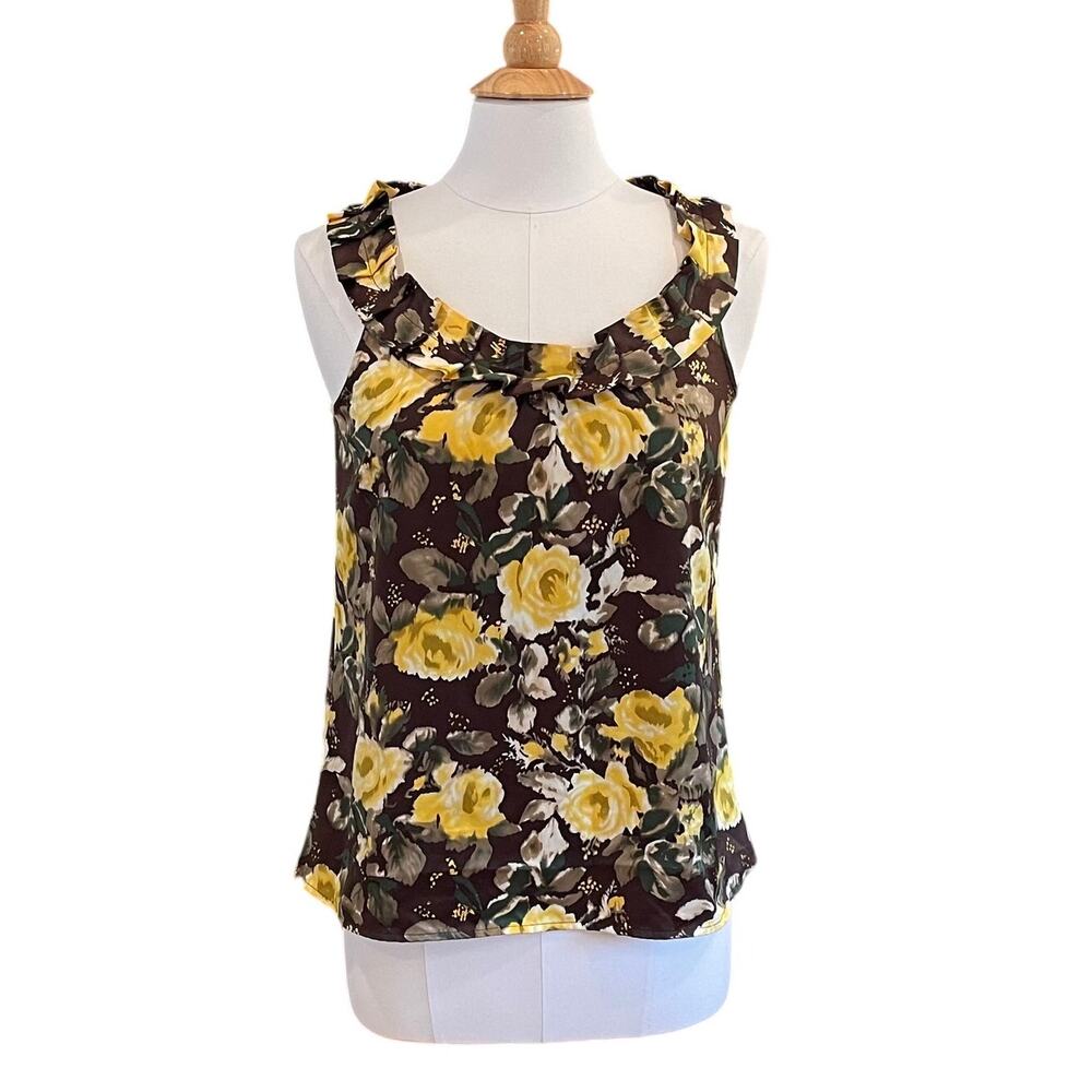 Ann Taylor LOFT Satin Sleeveless Floral Blouse, Ruffle, Autumn Colors, Size S